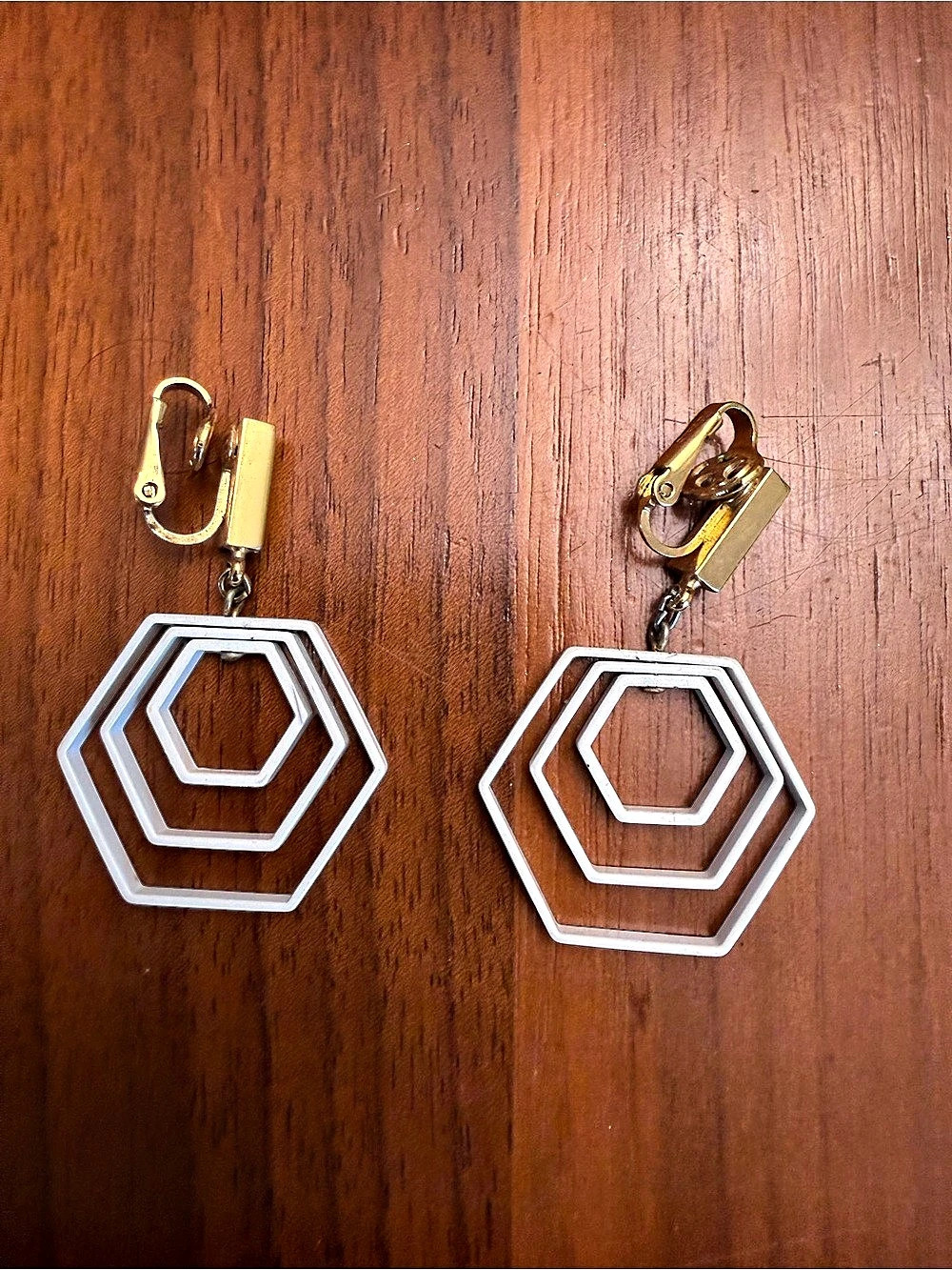 Trifari Geometric Clip-On Earrings in White & Gold